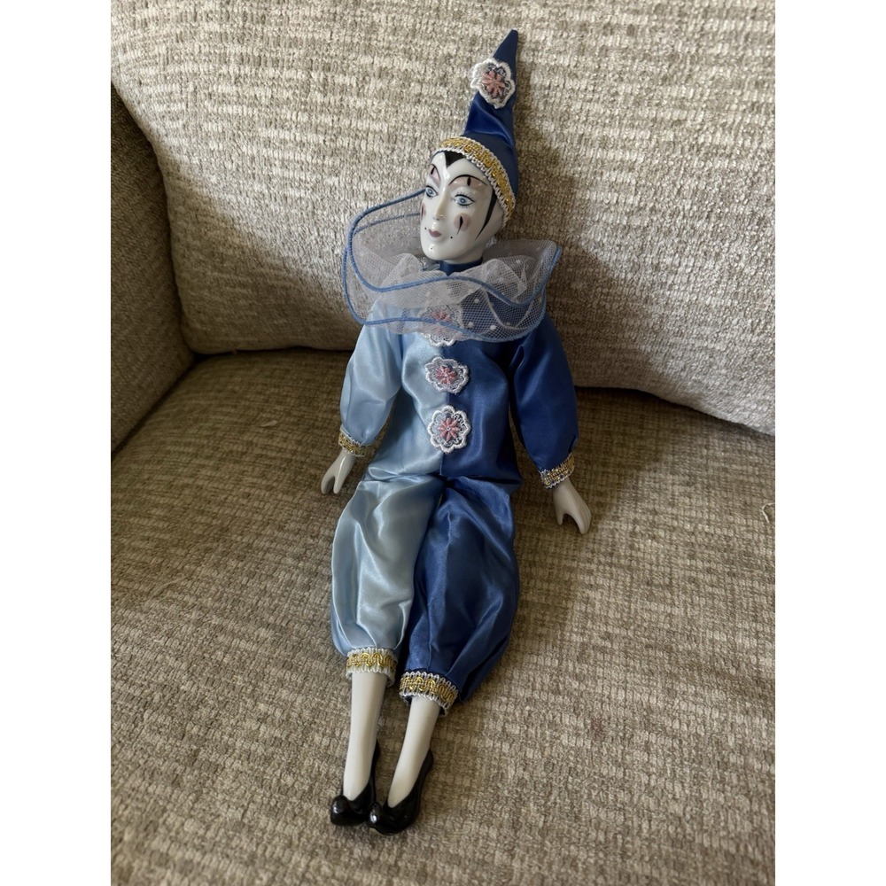 Vintage Harlequin Jester Doll 16" with Porcelain Head Hands Feet  Blue